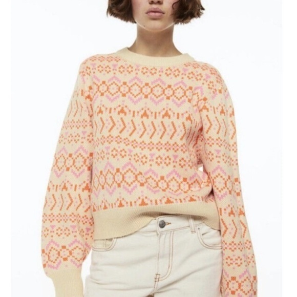 🇪🇸 H&M Nordic sweater cropped crew neck patterned cream pink orange small - Picture 1 of 8